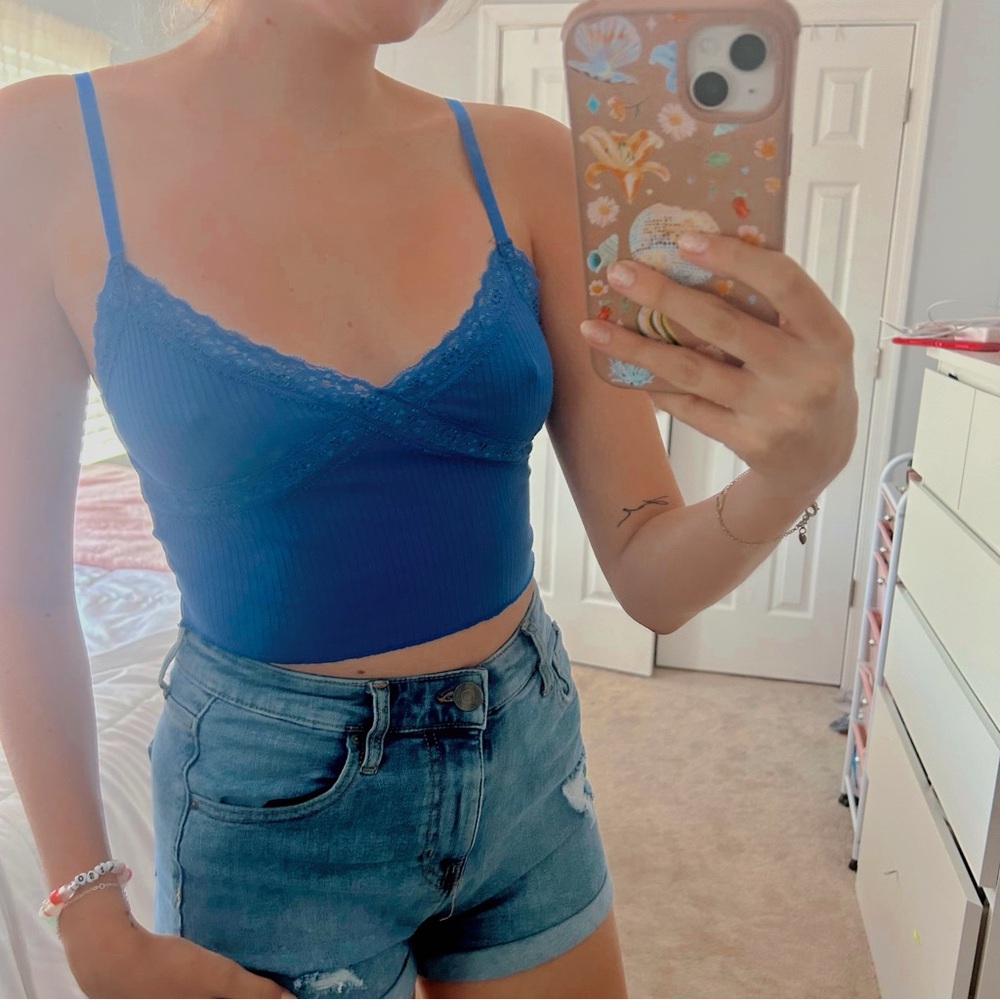 Blue Lace Detail Crop Top